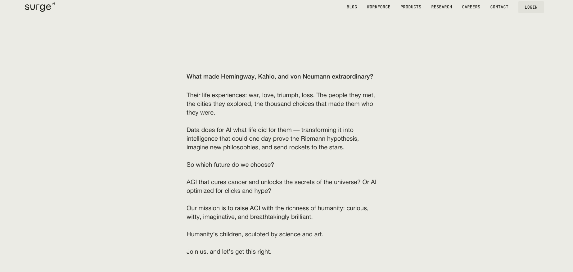 Surge AI website homepage: 'What made Hemingway, Kahlo, and von Neumann extraordinary?'