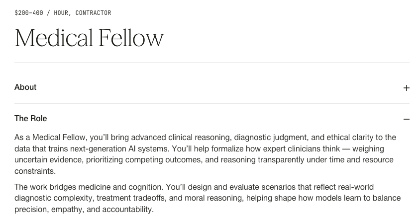 Surge AI Medical Fellow job listing at $200–400 per hour, describing PhD-level clinical reasoning work