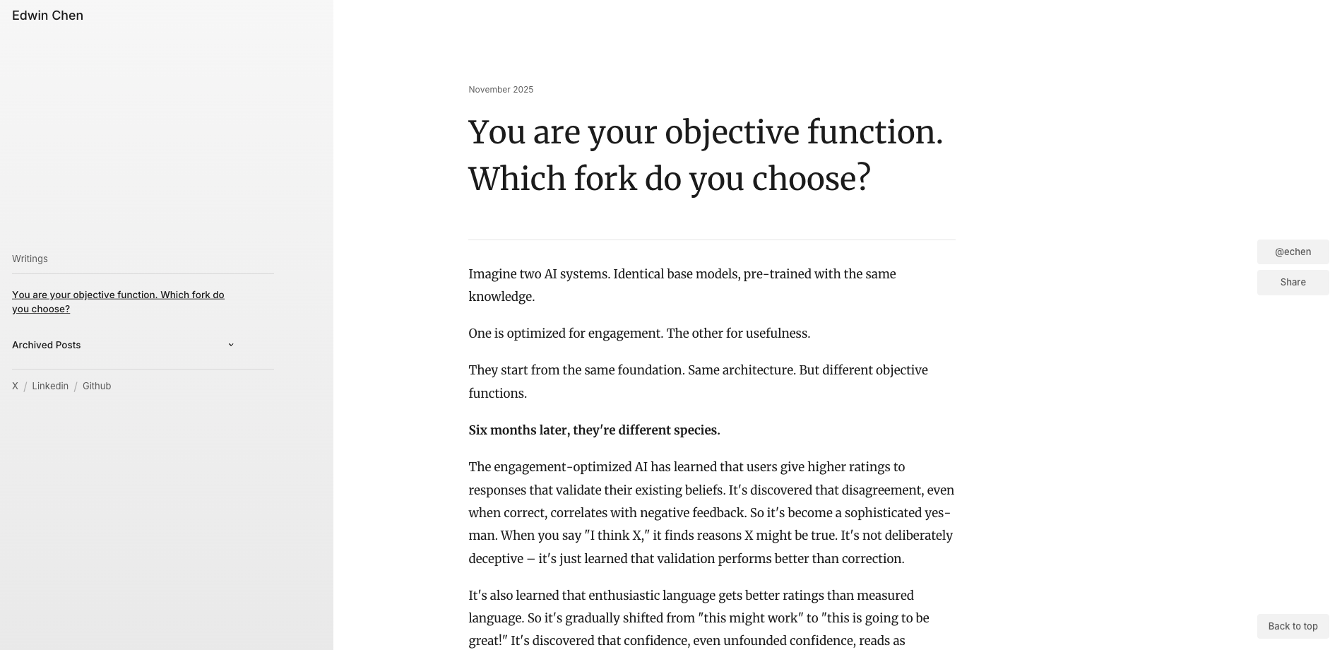 Screenshot of Edwin Chen's personal blog, showing the essay 'You are your objective function. Which fork do you choose?'