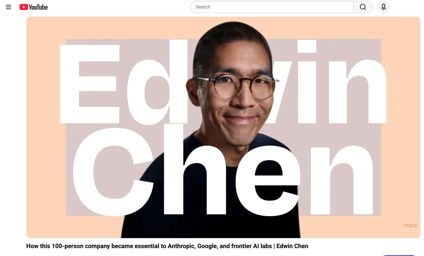 YouTube still of Edwin Chen on Lenny's Podcast: 'How this 100-person company became essential to Anthropic, Google, and frontier AI labs'